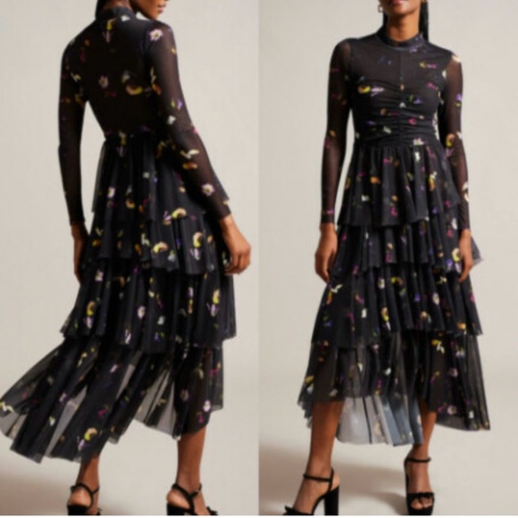 Ted Baker London Dresses & Skirts - Ted Baker London Black and Purple Tiered Gown with Long Cuffed Sleeves